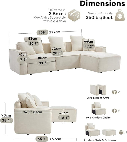 WILLOVE 109'' Modular Sectional Sofa, Chenille Cloud Couch with Wide Armrests & 5 Pillows, Deep Seat Couches for Living Room, Beige