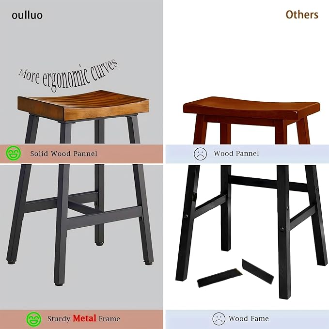 OUllUO Bar Stools Set of 4, Backless Saddle Barstools, 25" Counter Height Bar Stools, Solid Wood Counter Stools with Metal Frame, 521P-BBWD4