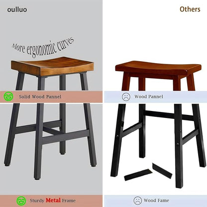 OUllUO Bar Stools Set of 4, Backless Saddle Barstools, 25" Counter Height Bar Stools, Solid Wood Counter Stools with Metal Frame, 521P-BBWD4