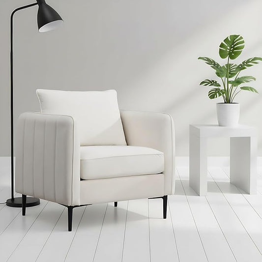 Velvet Accent Chair, Comfy Upholstered Single Sofa Chair Mid-Century Modern Armchair with Thick Cushion and Wood Frame Side Chair for Living Room Bedroom Apartment (Ivory)
