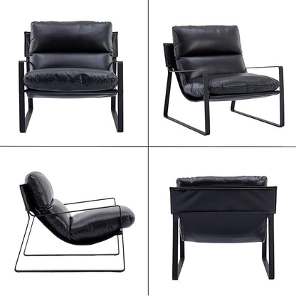 HEAH-YO Modern Accent Chairs Set of 2, PU Faux Leather Living Room Chairs with Removable Cushion and Solid Metal Frame, Comfy Reading Chairs for Bedroom, Black