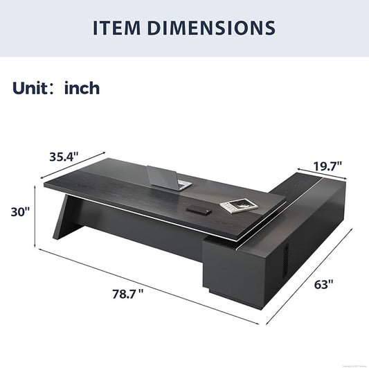 L-Shaped Black Executive Desk with Drawers, Large Modern Executive Office Desk with Storage Cabinets, Cable Box, Wide Desktop – Home Office Desk (Left, 79" L * 63" W * 30" H)