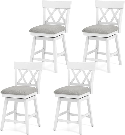 COSTWAY Bar Stool Set of 4 for Kitchen Island, 26" Counter Height Chair with Ergonomic Backrest, Foot Rest, Padded Seat & Solid Wood Structure, 360°Swivel Farmhouse Barstool with Back