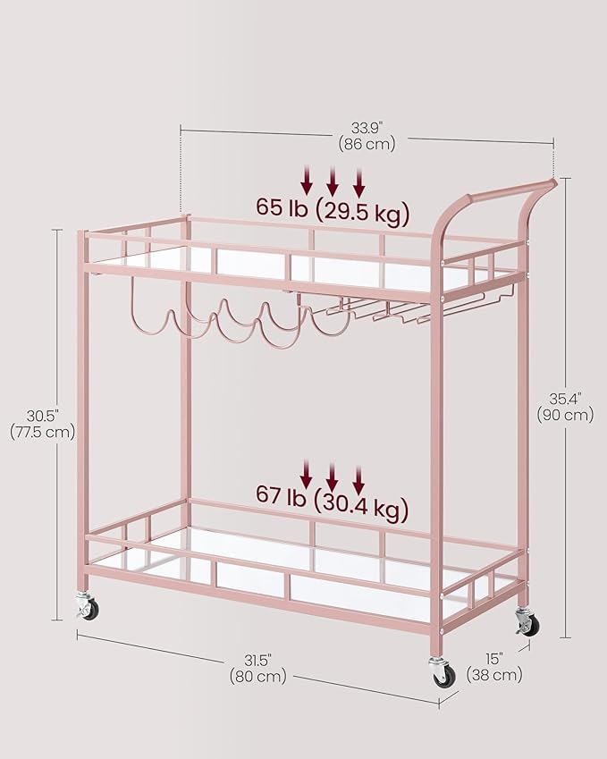 VASAGLE Bar Cart Gold, Home Bar Serving Cart, Wine Cart with 2 Mirrored Shelves, Wine Holders, Glass Holders, for Kitchen, Dining Room, Rose Gold ULRC090A07