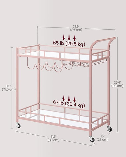 VASAGLE Bar Cart Gold, Home Bar Serving Cart, Wine Cart with 2 Mirrored Shelves, Wine Holders, Glass Holders, for Kitchen, Dining Room, Rose Gold ULRC090A07