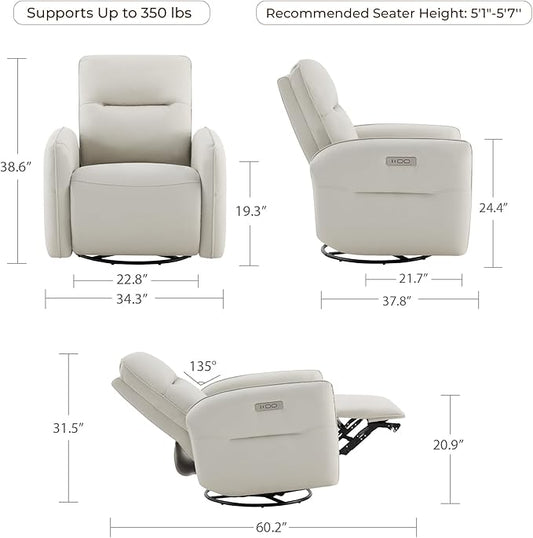 CHITA Faux Leather Power Recliner Chair, Swivel Glider Recliner for Adults, Nursery Rocking Chair with USB & Type-C Charging for Living Room, Bedroom, Creamy Grey