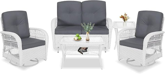 VIVIJASON 5-Piece Outdoor Patio White Wicker Conversation Sets, All Weather Outdoor Rattan Furniture Set Includes Glider Loveseat, 2 Coffee Table, 2 Swivel-Gliders Chairs with Cushions, Grey