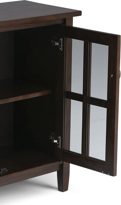SIMPLIHOME Warm Shaker SOLID WOOD 32 inch Wide Transitional Low Storage Cabinet in Tobacco Brown for the Living Room, Entryway and Family Room