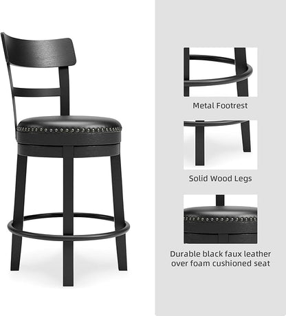 Signature Design by Ashley Valebeck Faux Leather Upholstered Swivel Barstool, Nailhead Trim, Solid Wood, 16.75" W x 19.75" D x 37.25" H, Antique Black