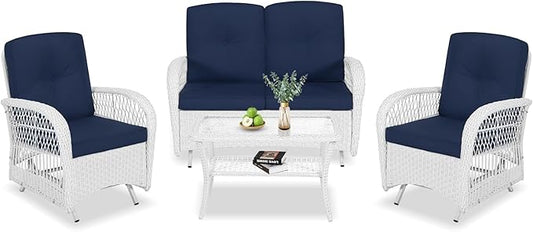 VIVIJASON 4-Piece Outdoor Patio White Wicker Conversation Sets, All Weather Rattan Furniture Set Includes Glider Loveseat, Coffee Table, 2 Glider Rocker Chairs w/Cushion for Lawn Balcony, Navy Blue