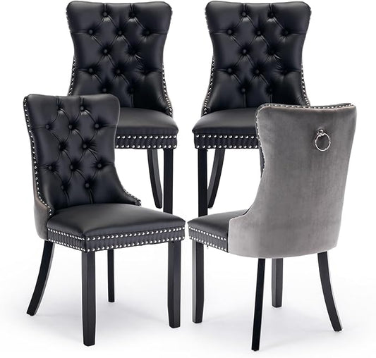 Leather Upholstered Dining Chairs Set of 4, Modern Style Kitchen Side Chairs with Nailhead Trim and Wood Leg, Metal Pulling Ring for Dining Room Living Room(Black&Grey,Set of 4)