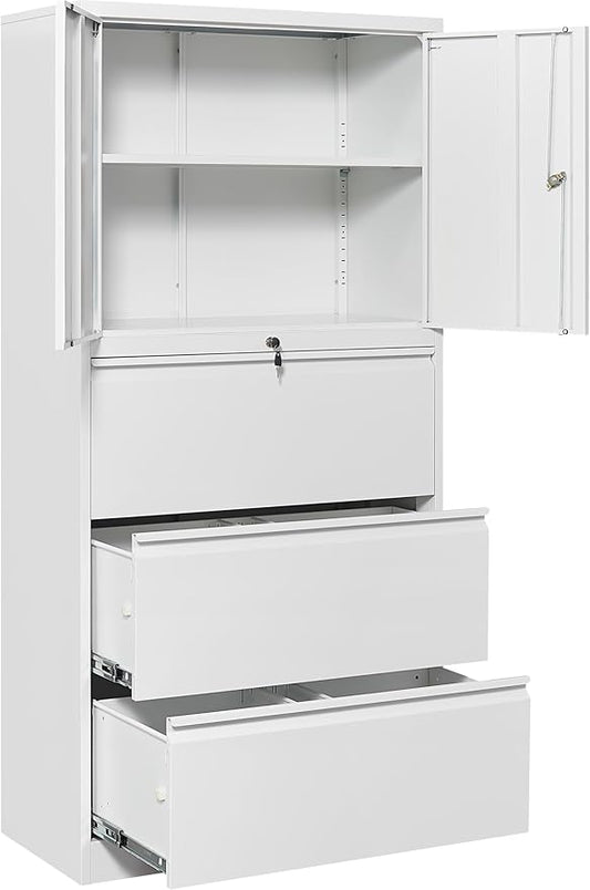 SISESOL 3 Drawer Lateral File Cabinet with Lock and Shelf,White Metal Filling Cabinet with Drawers and Shelf, Locking File Storage Cabinets with Doors and Shelves for Home,Office,Garage,School