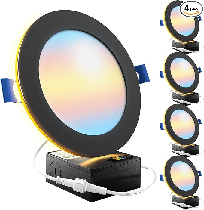Sunco Black Recessed Lights 6 Inch LED, Canless with Night Light, Wafer Thin, 1500 Lumens, Selectable CCT 2700K/3000K/4000K/5000K/6000K, Dimmable, 12W, with Junction Box UL/ETL 4 Pack