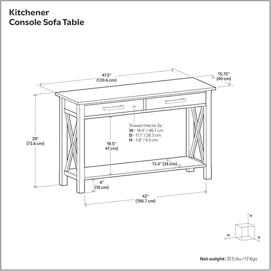 SIMPLIHOME Kitchener Console Table - 47 Inch Wide Solid Wood Sofa Table in Hickory Brown, Contemporary Storage Table for Entryway or Living Room with 2 Drawers, Bottom Shelf, and X-Design Side Panels