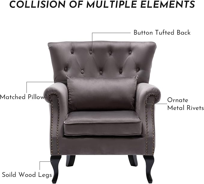 Accent Reading Arm Chairs Set of 2 for Living Room Bedroom, Midcentury Modern Comfy Corner Sofa Chair, Wingback Waiting Room Club Chair with Button Tufted Back &Lumbar Pillow, Velvet Grey