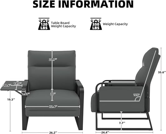Upholstered Accent Chair, Modern Faux Leather Sofa Chair with Foldable Side Tray Table & Storage Pocket, Small Accent Sofa for Living Room, Bedroom, Reception Room, Gray