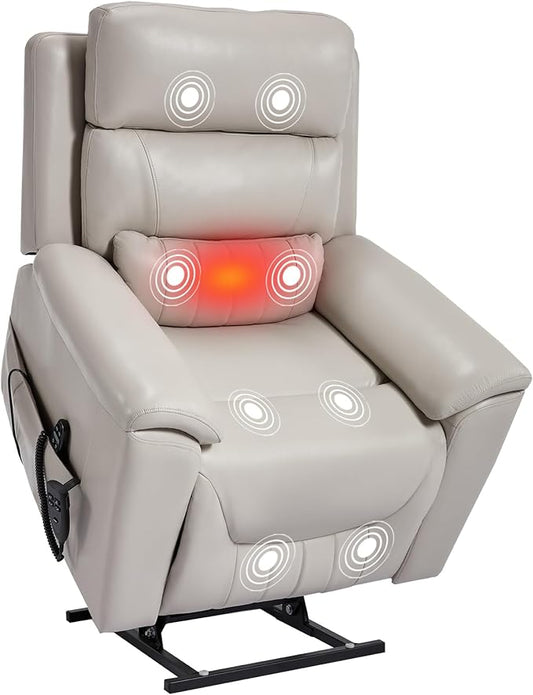 PELUMY Power Lift Recliner Chair for Elderly with Massage and Heat, Dual Motor Heavy Duty 350lbs Recliner, 8-Point Vibration & Lumbar Heating, Electric Lift Chair (Breathable Leather, Light Grey)