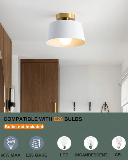 Ceiling Light Fixture, Hallway Ceiling Light with Gold Plate and Matte Black Shade, Modern Simple Style Porch Light Fixtures Semi Flush Mount (White)