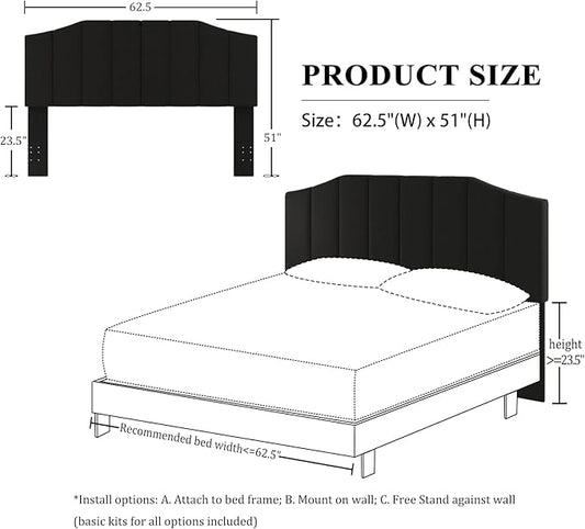 Velvet Queen Size Headboard, Upholstered Headboard Queen/Full Size Wall Mount and Bed Frame Mount, Featuring High-Density Sponge Padding Luxury Texture Easy Assembly Comfort Style-Black
