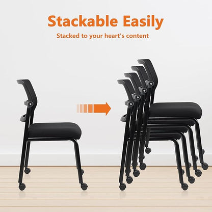 CLATINA Stacking Armless Office Guest Chair with Wheels, Stackable Mesh Waiting Room Reception Desk Chairs with Adjustable Backrest for Conference Lobby Side School, Black, 8PK