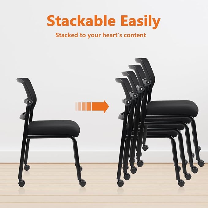 CLATINA Stacking Armless Office Guest Chair with Wheels, Stackable Mesh Waiting Room Reception Desk Chairs with Adjustable Backrest for Conference Lobby Side School, Black