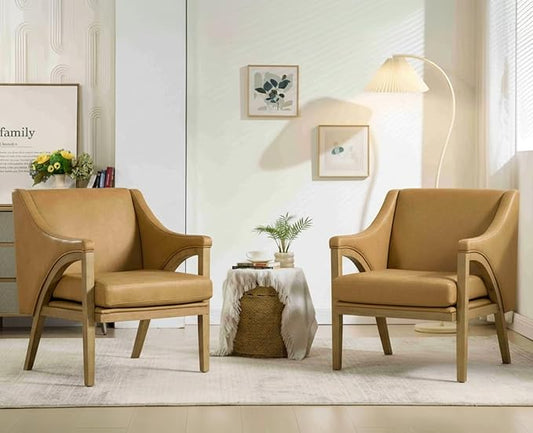 EALSON Modern Accent Chairs Set of 2 Comfy Leather Living Room Chairs with Wooden Frame and Armrest Mid Century Upholstered Reading Lounge Armchairs for Living Room/Bedroom/Reading/Balcony, Brown