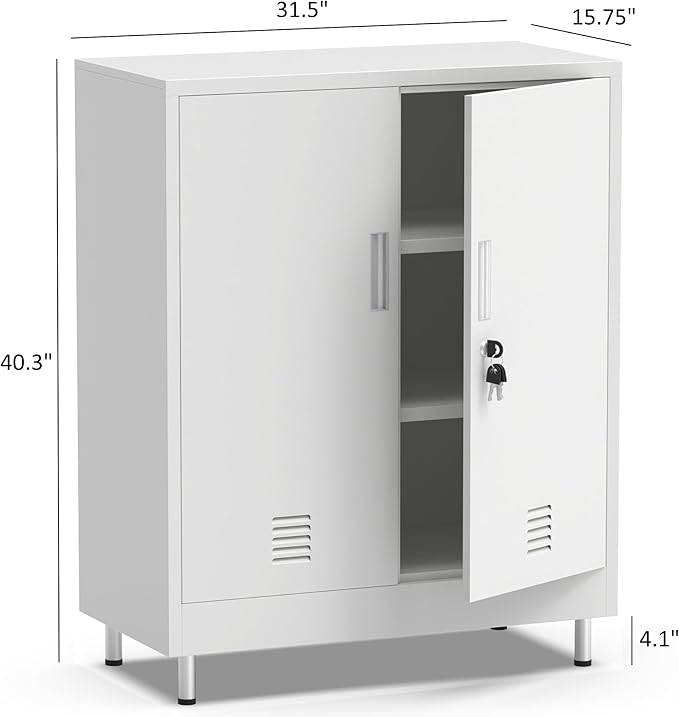Metal Storage Cabinet with Locking Doors and Adjustable Shelves, Small Lockable Storage Cabinet for Home Office Garage Pantry Entryway Living Room (White)