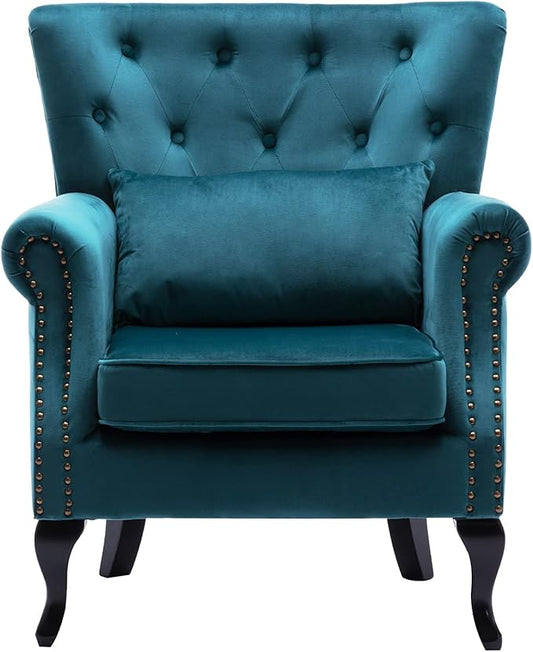 chairus Mid-Century Modern Accent Chair Comfy Tufted Single Sofa Chair Wingback Armchair with Pillow for Club, Living Room, Bedroom - Velvet, Teal