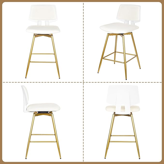 VECELO Swivel Upholstered Bar Stools Set of 2, Counter Height Barstools with Back, Metal Legs, 35.2-Inch Tall Barstools for Kitchen Island, Home Bar, Cafe, White