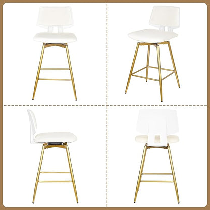 VECELO Swivel Upholstered Bar Stools Set of 2, Counter Height Barstools with Back, Metal Legs, 35.2-Inch Tall Barstools for Kitchen Island, Home Bar, Cafe, White