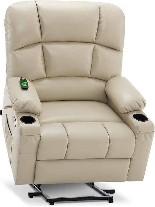 MCombo Oversized Dual Motor Power Lift Recliner Chair Sofa with Massage and Heat for Big Elderly People, Infinite Position, USB Ports, Faux Leather R7677 (Beige, Medium-Oversize)