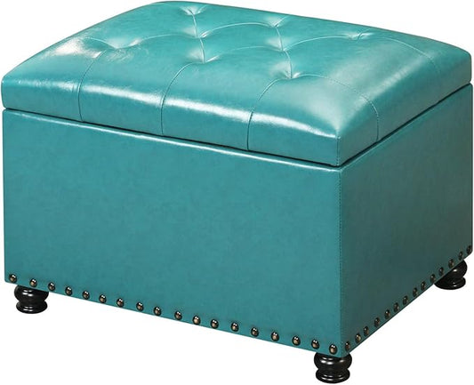 Leather Storage Ottoman Bench with Nailhead Trim Chests, Rectangle 24 Inch Foot Rest Ottomans Stool for Living Room Bedroom (Teal Blue)