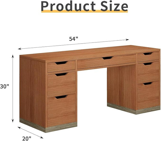 54 Inch Executive Desk with Drawers, Computer Desk with 7 Drawers for Bedroom, Office Desk with File Cabinet for Work Study Writing, Small Spaces, Brown