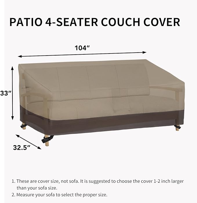 Easy-Going Waterproof Outdoor Couch Cover, Heavy Duty 4-Seater Patio Sofa Cover, Winchdproof Outdoor Furniture Cover with Air Vent （104Wx32.5Dx33H inch,Camel/Dark Brown