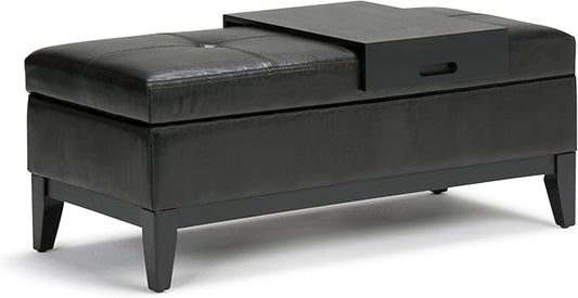 SIMPLIHOME Oregon 42 inch Wide Contemporary Rectangle Storage Ottoman Bench with Tray in Midnight Black Vegan Faux Leather, Assembled, For the Living Room, Entryway and Family Room