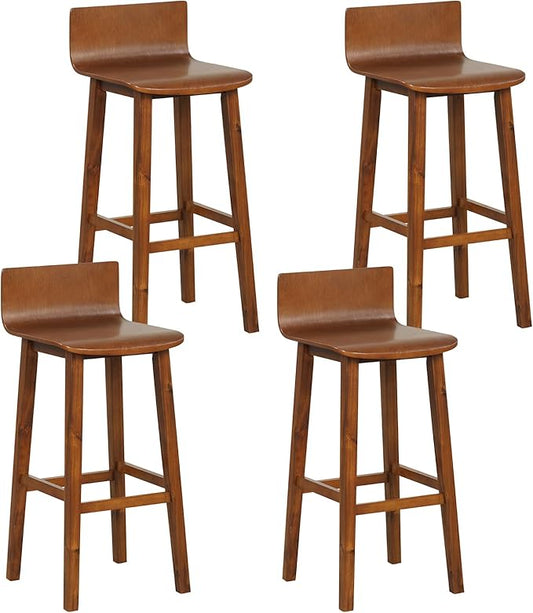COSTWAY Solid Wood Bar Stools Set of 4, 29-inch Counter Height Chairs with Low Back and Footrest, Farmhouse Wooden Armless Barstools for Kitchen Island, Dining Room, Cafe, Breakfast, Brown
