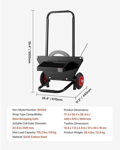 VEVOR Banding Strapping Cart, Fit for Steel Strapping Coils with 23.6 inches Core Outer Size, Heavy Duty Strapping Dispenser with Rubber Wheels, Suitable for Factory, Warehouse, Loading Area