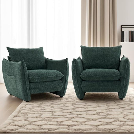 Oversized Armchair, Modern Accent Chair Upholstered in Soft Cloud Fabric with Plush Cushions – Comfy Lounge Chair for Reading Nook, Living Room, and Bedroom (Green, Set of 2)