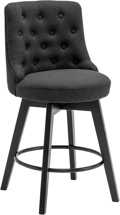 MINCETA Set of 2 Upholstered Bar Stools - 26 Inch Swivel Counter Height Stools with Low Tufted Back, Footrest & Performance Fabric - Round Seat for Kitchen Island & Home Bar Black