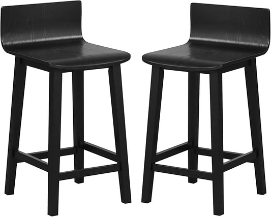 COSTWAY Solid Wood Bar Stools Set of 2, 24.5-inch Counter Height Chairs with Low Back and Footrest, Farmhouse Wooden Armless barstools for Kitchen Island, Dining Room, Cafe, Breakfast, Black