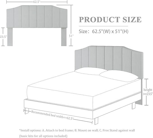 Frosted Velvet Queen Size Headboard, Upholstered Headboard Queen/Full Size Wall Mount and Bed Frame Mount, Featuring High-Density Sponge Padding Easy Assembly Comfort Style-Light Gray