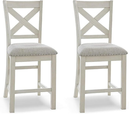 Signature Design by Ashley Robbinsdale Farmhouse Upholstered Barstool, Set of 2, X-Back, Nailhead Trim, Wood, 24.75" H, White & Light Gray