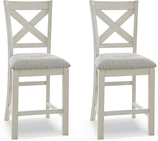 Signature Design by Ashley Robbinsdale Farmhouse Upholstered Barstool, Set of 2, X-Back, Nailhead Trim, Wood, 24.75" H, White & Light Gray