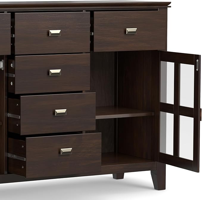 SIMPLIHOME Artisan Buffet - 54 inch Wide Solid Wood 3-Door Sideboard Buffet in Dark Chestnut Brown, Transitional Storage Cabinet for Dining Room or Kitchen with Adjustable Shelves and Bronze Hardware