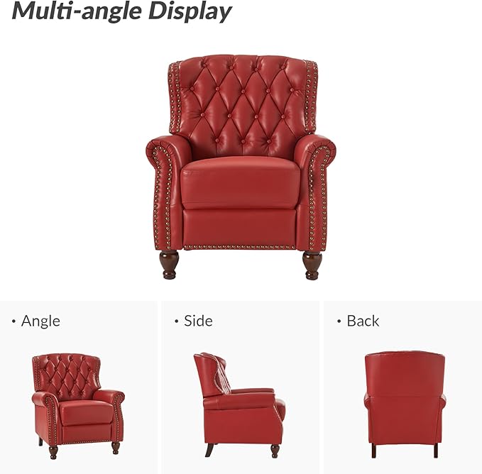 HULALA HOME Genuine Leather Recliner Chair with Solid Wood Legs, Modern Adjustable Tufted Push Back Arm Chair w/Rivet Decoration, Home Theater Seating Single Reclining Sofa for Living Room, Red