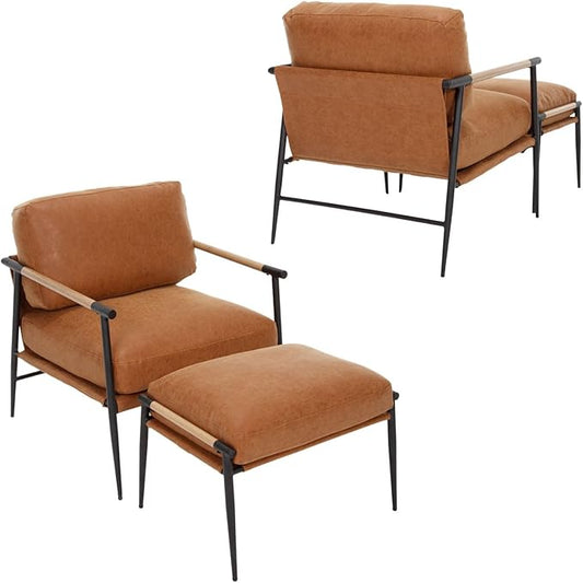 LukeAlon Mid-Century PU Leather Accent Chairs with Ottoman Set of 2, Soft Living Room Chairs with Metal Legs Modern Upholstered Armchairs Lounge Chair with Footstool for Bedroom Reading Room, Brown