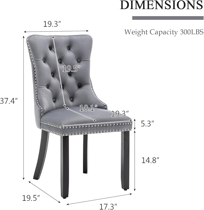 Velvet Dining Chairs Set of 4, Upholstered Dining Room Chairs with Nailhead Ring Pull Trim, Button Tufted Wing Back Chairs for Dining with Solid Wood Legs for Kitchen Dining Room(Grey)