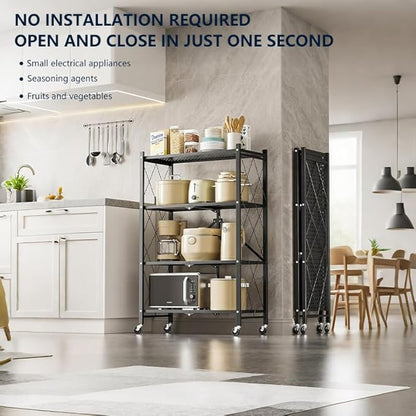 Four-Layer Foldable Storage Metal Shelf with Locking Wheels,Easy Assembly and Move Space-Saving Shelves Organizer Suitable for Kitchen, Pantry and Closet-28.54" L x 14.17" W x 46.06" H