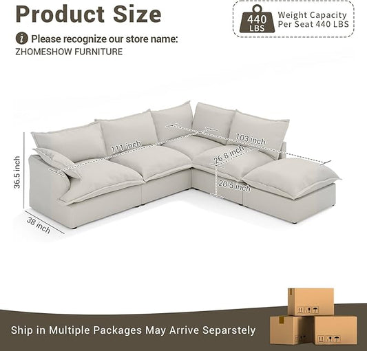 Oversized Cloud Modular Sectional Sofa, Comfy Down Filled Cloud Couch with Removable Cover, L Shaped 4 Seat Couch with Ottoman, Deep Seat Sectional Couches for Living Room, Light Gray