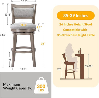 PrimeZone Swivel Bar Stools Set of 2, 26 Inch Counter Height Barstools, High Back Bar Stool with Solid Wood Legs & Wrap-Around Footrest, Counter Stools for Kitchen Island, Pub, Grey